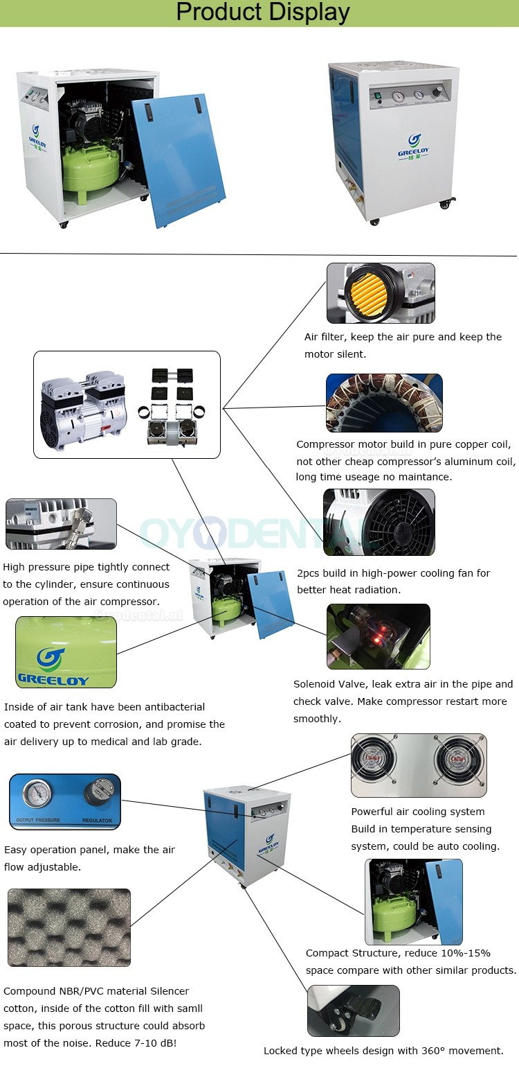 Greeloy® Tandheelkundige olievrije luchtCompressor met Silent Cabinet GA-61X